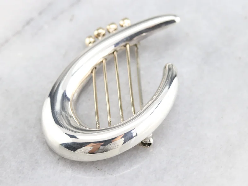 Ladies tropic bloom brooches -Vintage Silver and Gold Harp Brooch