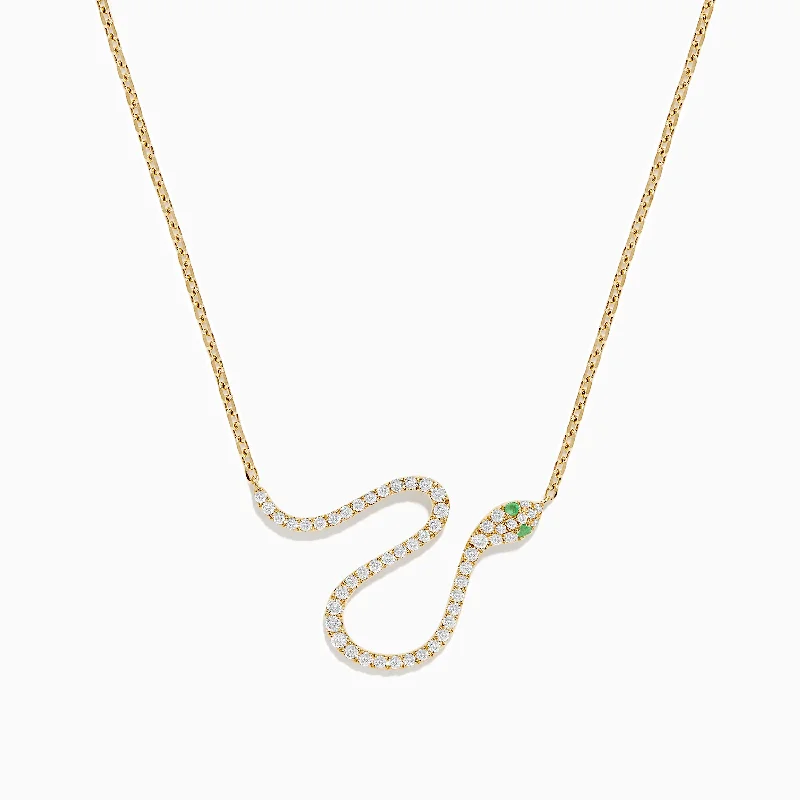 Ladies gleaming platinum necklaces -Safari 14K Yellow Gold Emerald and Diamond Snake Necklace