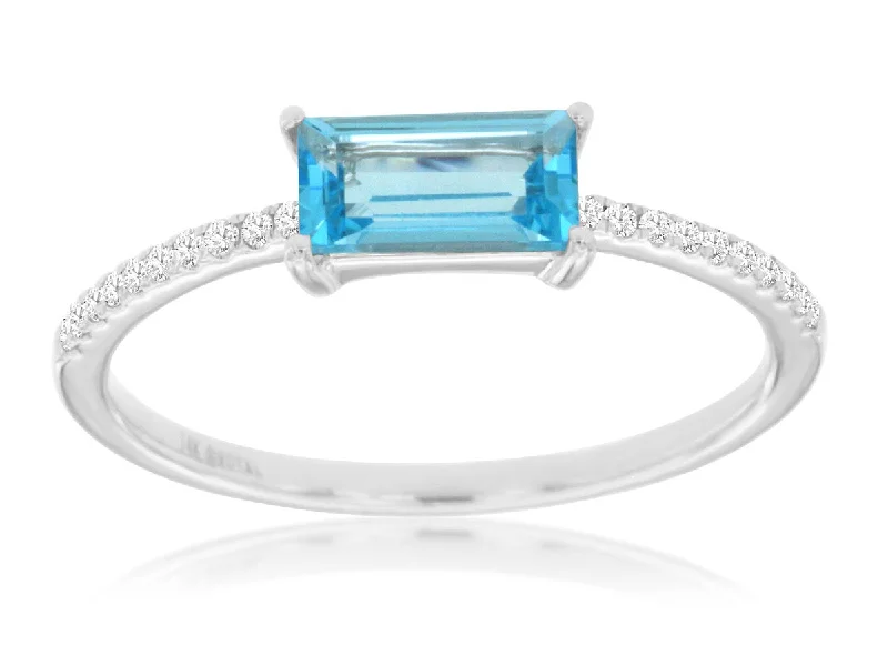 Ladies Rings with Pink Vivianite-14K White Gold Emerald Cut Blue Topaz Diamond Ring