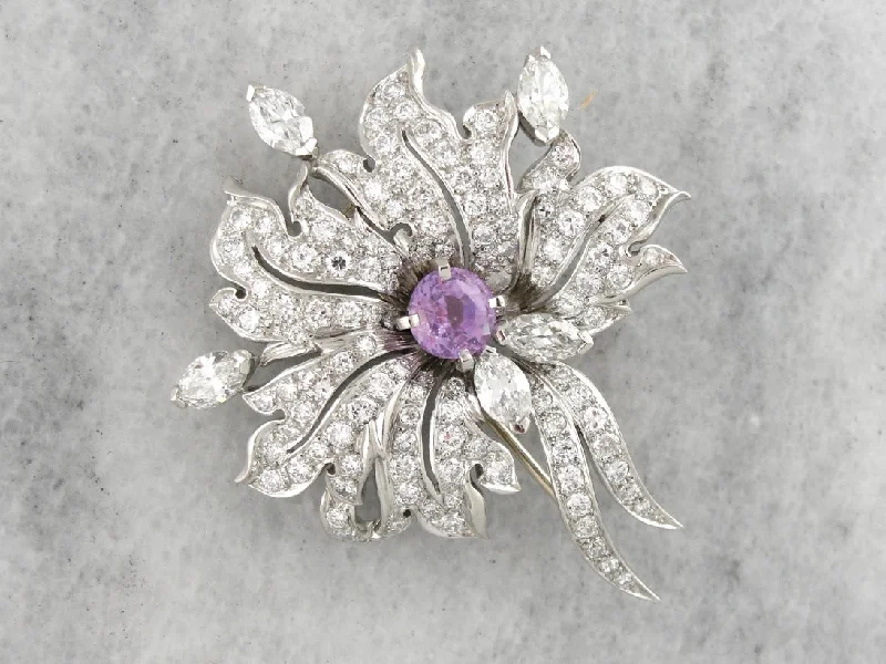 Ladies rustic wood brooches -Spectacular Pink Sapphire and Diamond Retro Era Platinum Brooch