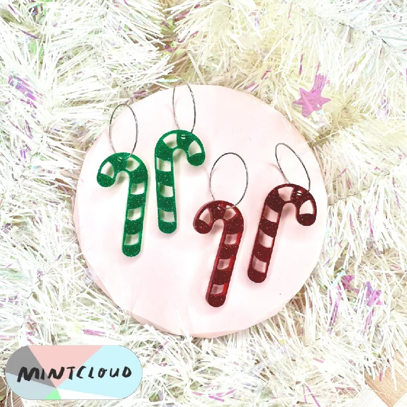 Ladies Earrings with Grey Lawsonite-Mintcloud Christmas Earrings - Candy Cane Green or Red Glitter