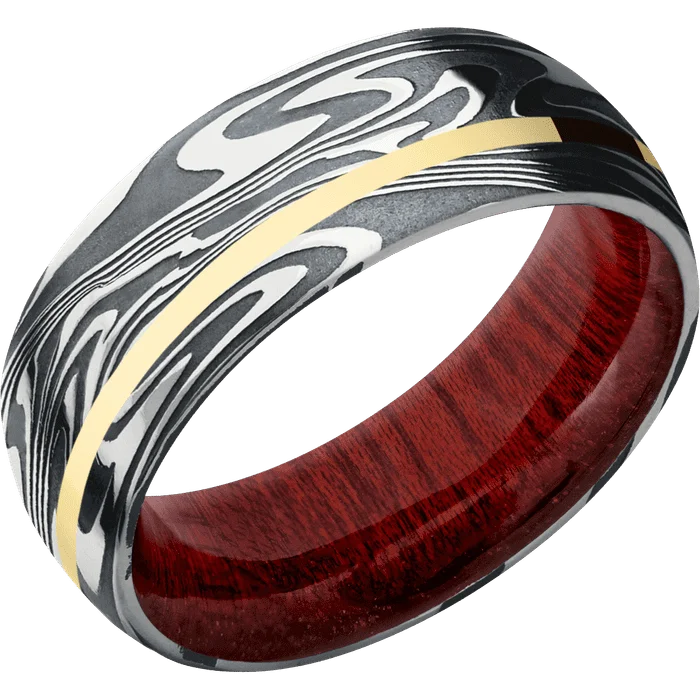 Ladies Rings Dual Spark-8mm wide Domed Kinetic Damascus Steel Ring with Tumble Kuro Damascus Finish / One 1mm Off Center 14k Yellow Gold Inlay with Polish Finish / Blood Wood Sleeve