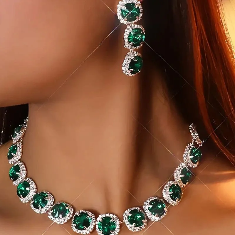 Ladies Earrings Trendy Shine-3pcs SILVER Emerald Green Jewelry Set l Rhinestone Earrings l Necklace l Bracelet l Prom l Wedding JS-930