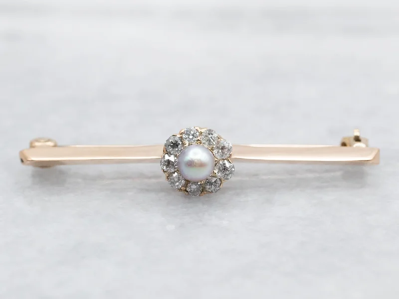 Ladies brave charm brooches -Pearl and Diamond Halo Bar Brooch