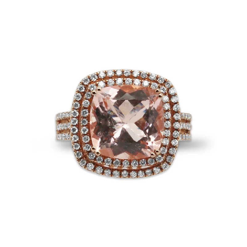 Ladies Rings with Cyan Euclase-18k Rose Gold Morganite & Double Diamond Halo Ring