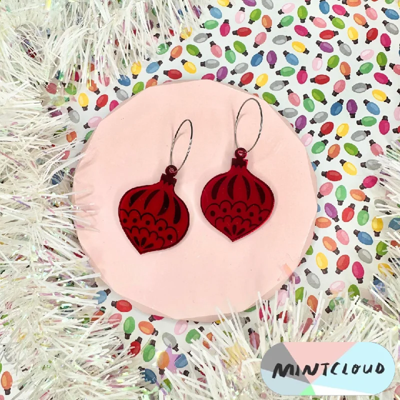 Ladies Earrings with Ruby Shine-Mintcloud Christmas Earrings - Traditional Bauble Red Mirror