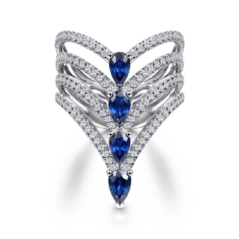 Ladies Rings Simple Shine-Gabriel & Co. - LR52041W45SA - 14K White Gold Diamond and Sapphire Chevron Ring