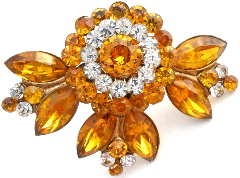 Ladies bright acrylic brooches -Yellow Gold Rhinestone Brass Brooch Pin Vintage