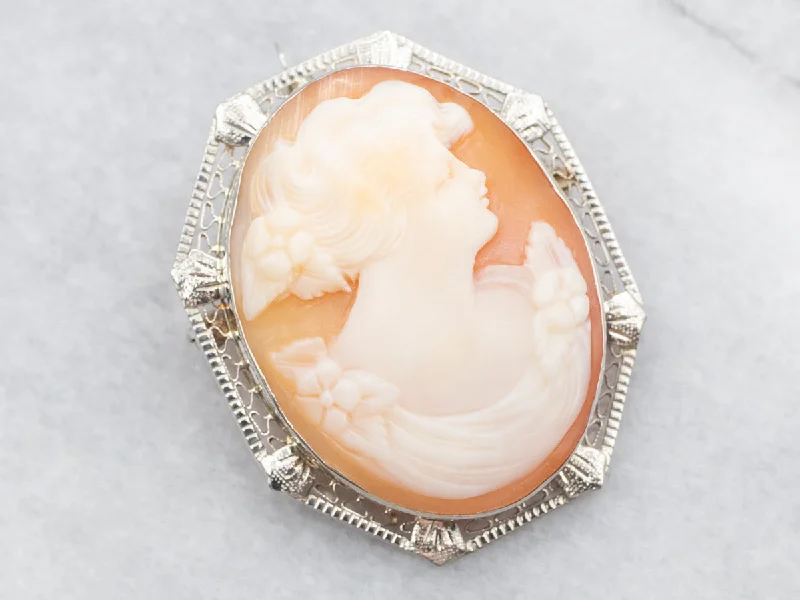 Ladies sunbeam shine brooches -White Gold Oval Cut Cameo Brooch or Pendant with Filigree Frame