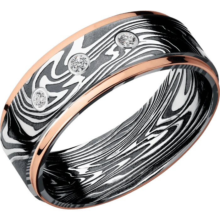 Ladies Rings Matte Spark-8mm wide Flat Grooved Edges Kinetic Damascus Steel Ring with Tumble Kuro Damascus Finish / Two 1mm Edge 14k Rose Gold Inlay with Polish Finish / 3 Round .03 carat Standard Diamond Bezel-Set Gemstones