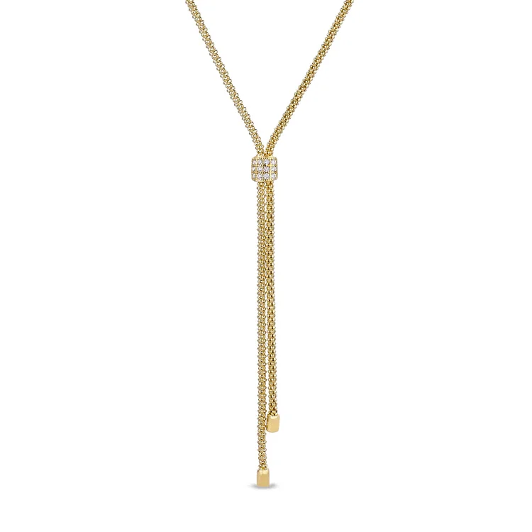 Ladies orbit glow necklaces -Gold Finish Sterling Silver Micropave Lanyard Necklace with a Square with 3 rows of Simulated Diamonds - Adjustable 18"-20"