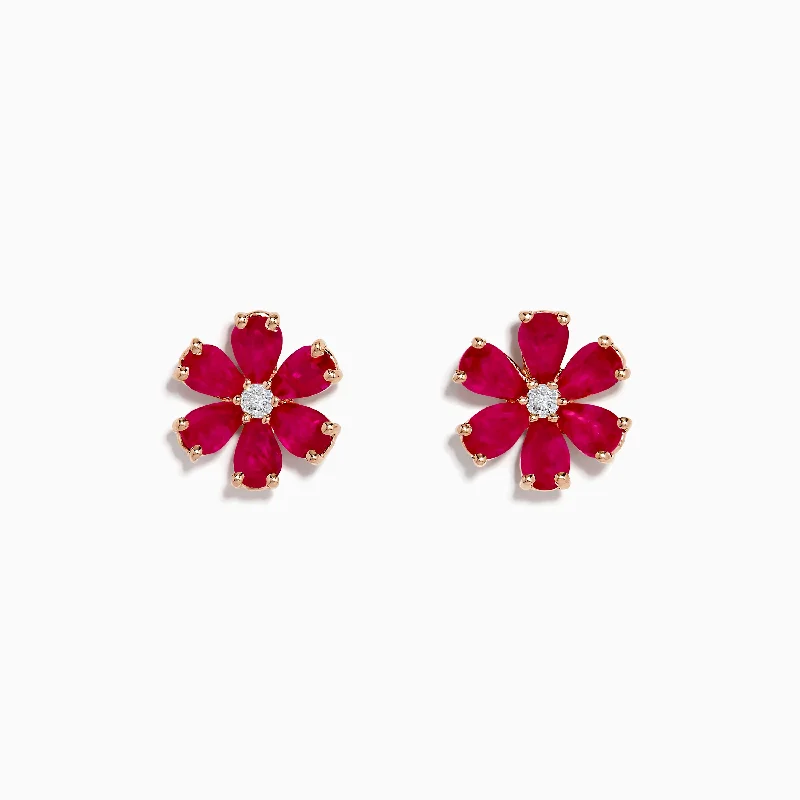 Ladies Earrings with Feather Glow-14K Rose Gold Ruby Flower Earrings