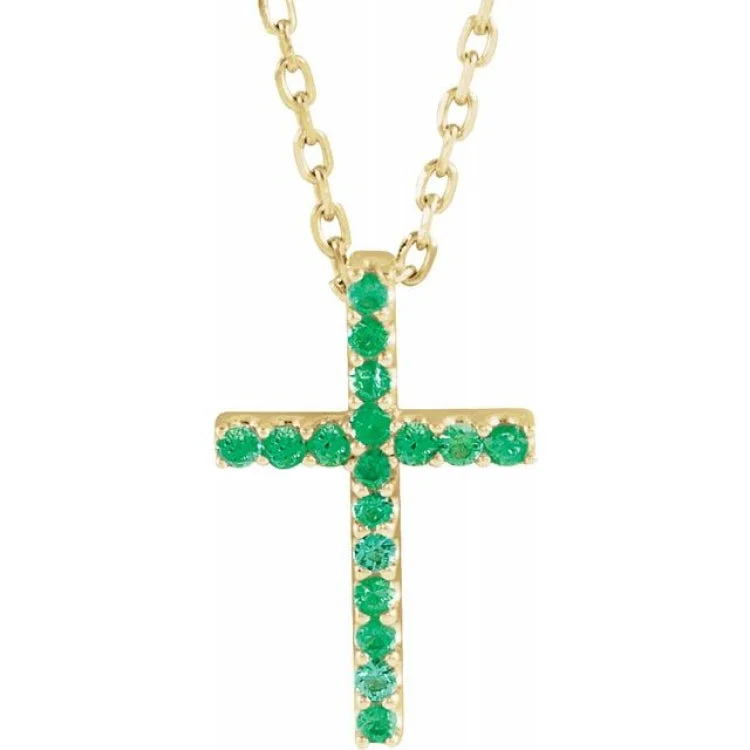 Ladies soft whisper necklaces -14K Yellow Natural Emerald Petite Cross 16" Necklace