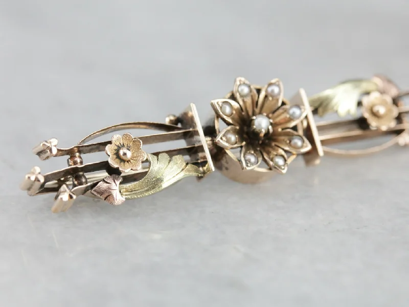 Ladies gothic shadow brooches -Antique Floral Seed Pearl Bar Brooch