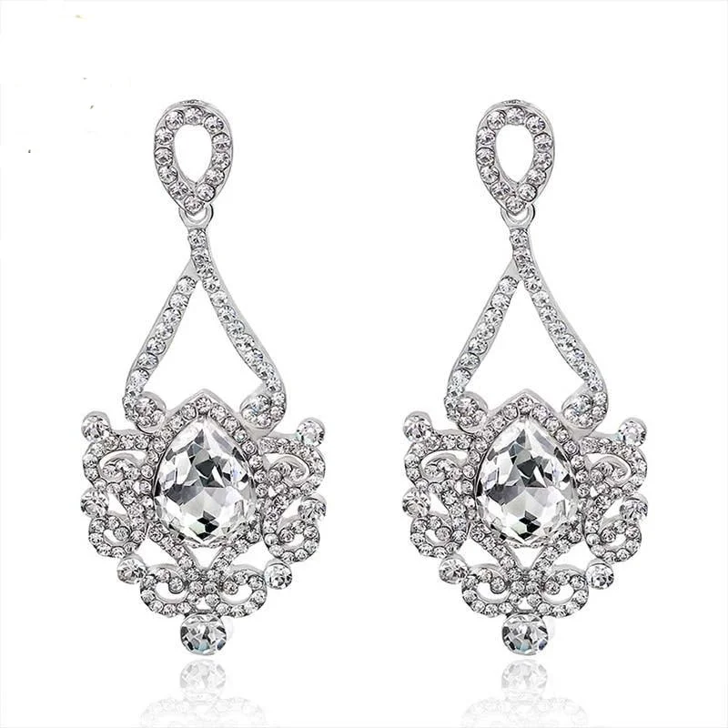 Ladies Earrings with Gold Milarite-TRZ -005 Bridal Luxurious Floral Teardrop Crystal Earrings Wedding Accessories