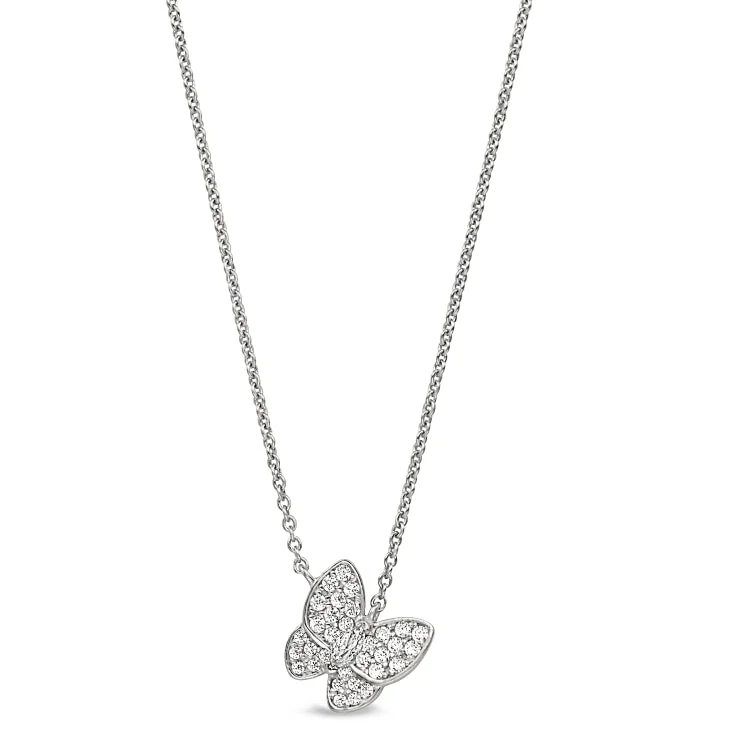 Ladies balanced charm necklaces -Platinum Finish Sterling Silver Micropave Butterfly Necklace with Simulated Diamonds on 16"-18" Adjustable Chain