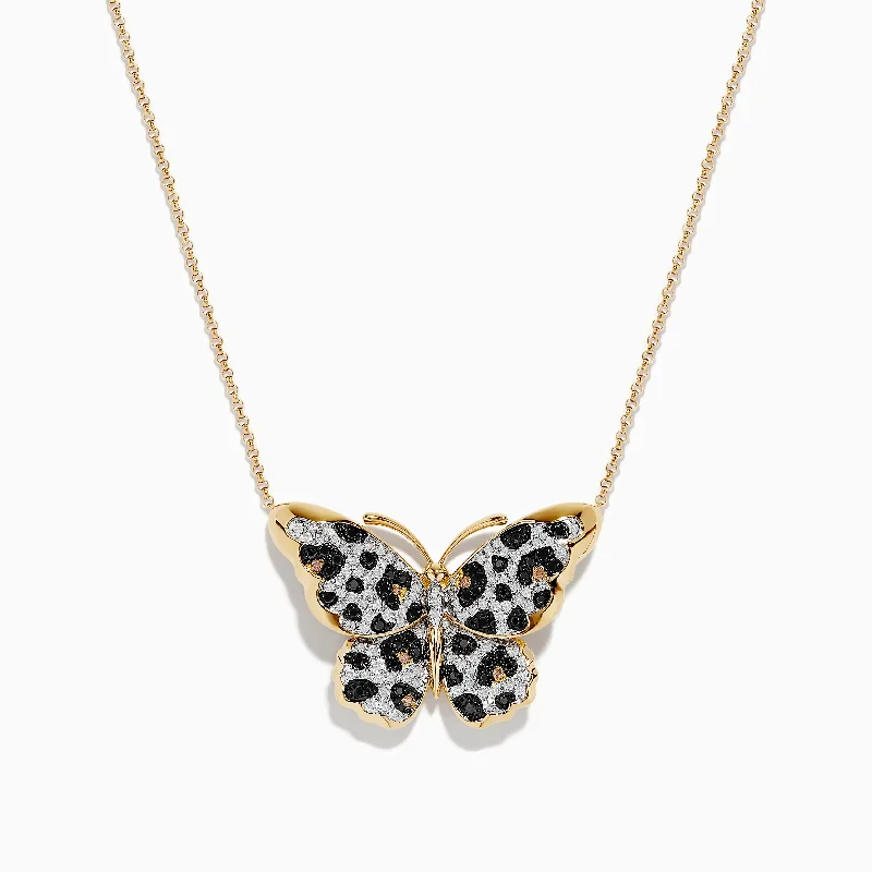 Ladies wave shine necklaces -Nature 14K Yellow Gold Black White and Espresso Diamond Butterfly Necklace