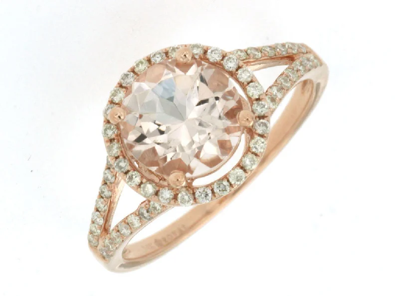 Ladies Rings with Clear Zircon-14k Rose Gold 8mm Round Morganite and Diamond Halo Ring PC6134M-MG