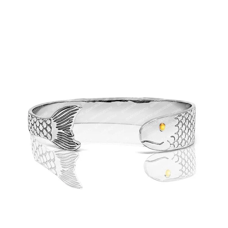 Ladies soothing shine bracelets -Wide Cape Cod Fish Bracelet in Sterling Silver with a 14K Yellow Gold Eye