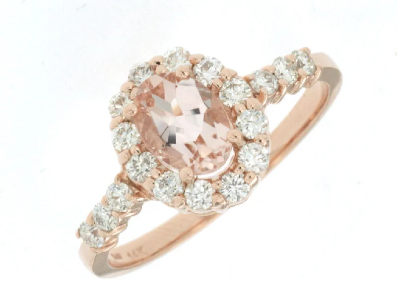 Ladies Rings for Night Spark-14k Rose Gold Oval Morganite and Diamond Halo Ring PR3788M-MG