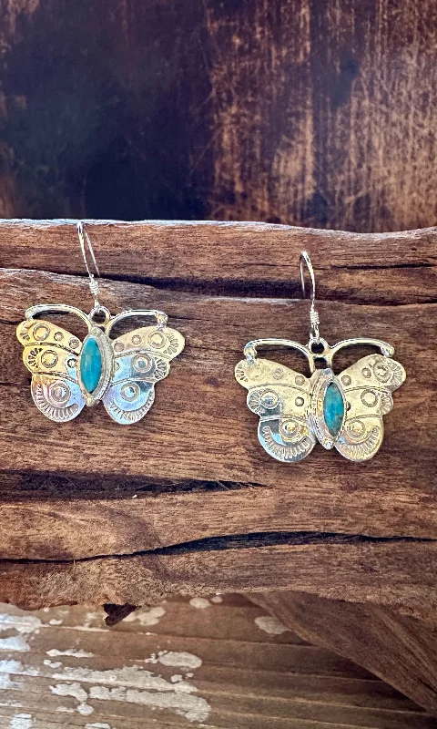 Ladies Earrings for Leader Shine-TURQUOISE BUTTERFLY WINDCHIMES Sterling Silver Earrings