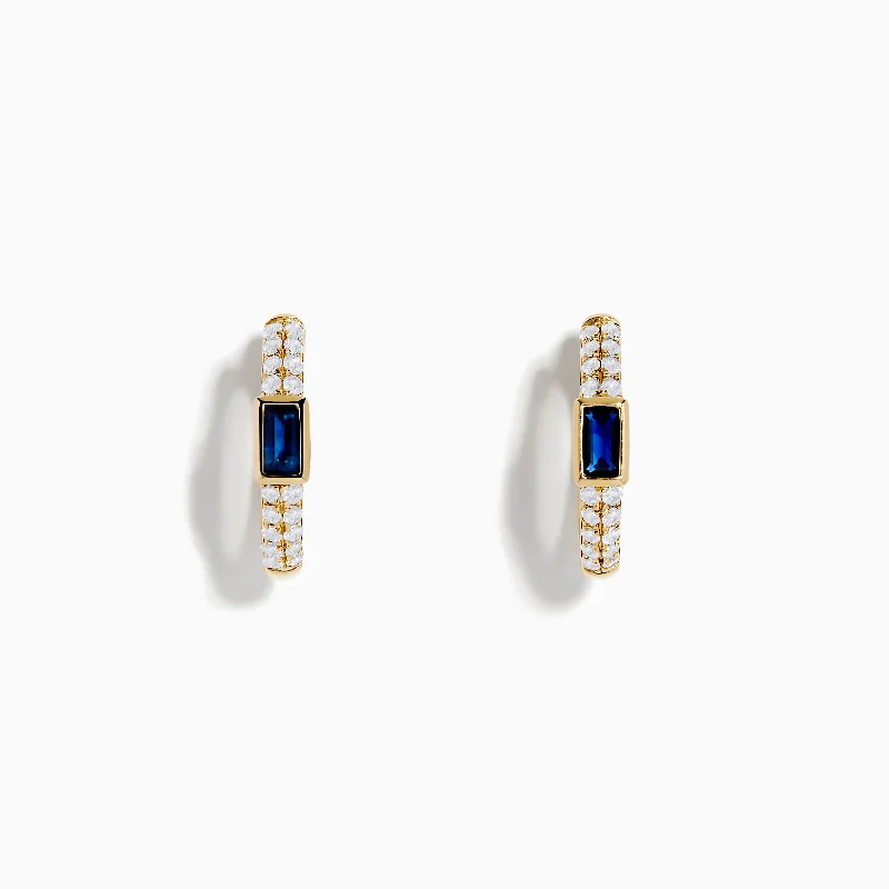 Ladies Earrings with White Phenakite-Royal Bleu 14K Yellow Gold Sapphire and Diamond Earrings