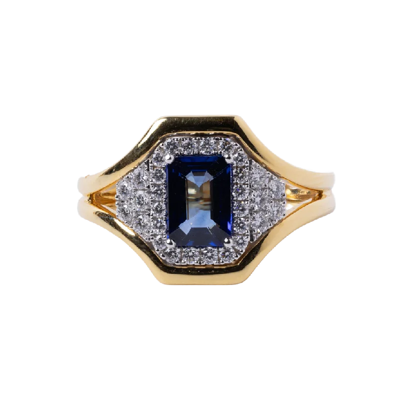 Ladies Rings Sterling Shine-14k Yellow Gold 1.10ct Blue Sapphire and Diamond Ring