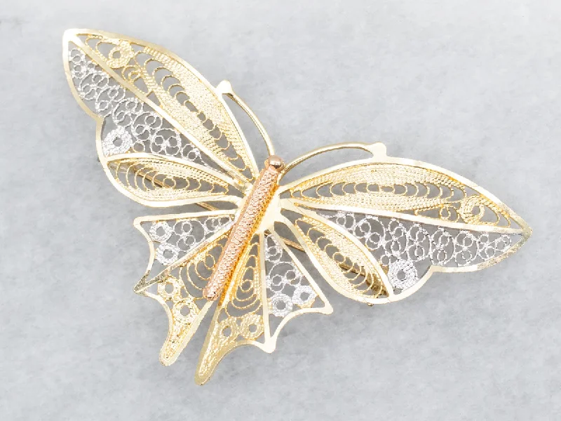 Ladies lively glow brooches -Pretty Gold Filigree Butterfly Brooch