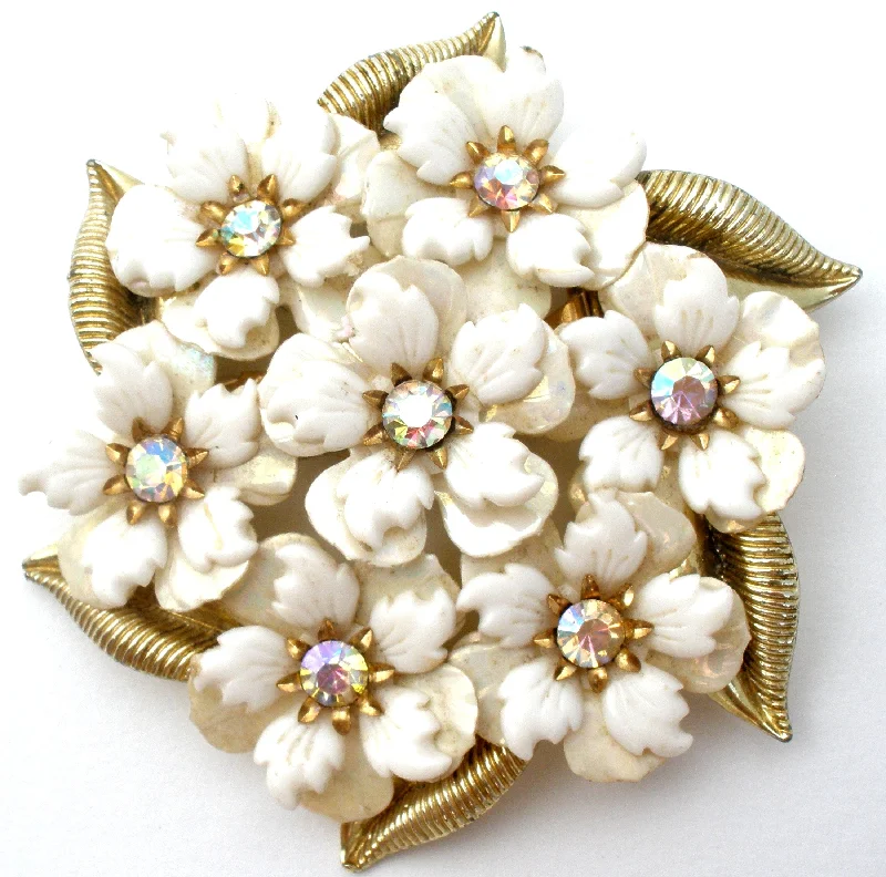 Ladies yoga breeze brooches -Coro White Flower Rhinestone Brooch Pin Vintage