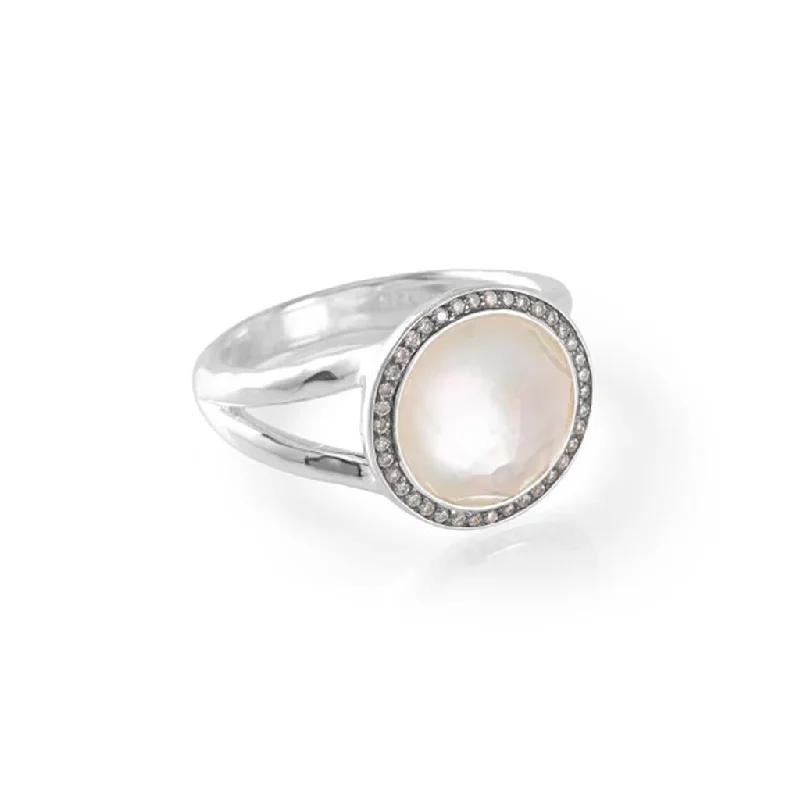 Ladies Rings with Grey Pollucite-Ippolita Mini Mother-of-Pearl Ring in Sterling Silver with Diamond halo