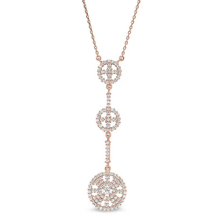 Ladies luxurious gleam necklaces -Rose Gold Finish Sterling Silver Micropave Three Circle Drop Necklace with Simulated Diamonds on 16"-18" Adjustable Chain