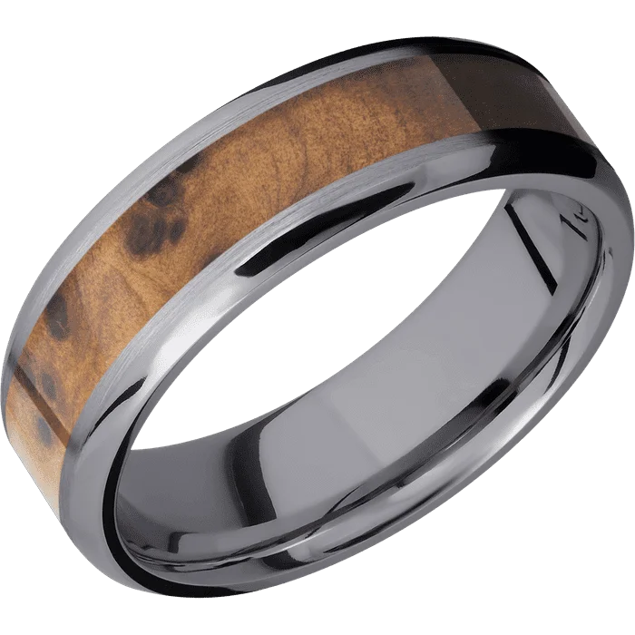 Ladies Rings Bright Spark-7mm wide Beveled Tantalum Ring with Satin Finish / One 4mm Centered Thuya Burl Inlay