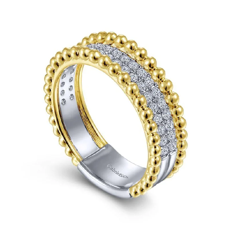 Ladies Rings Stackable Glow-Gabriel & Co. - LR52019M45JJ - 14K White-Yellow Gold Three Row Diamond and Bujukan Bead Ring