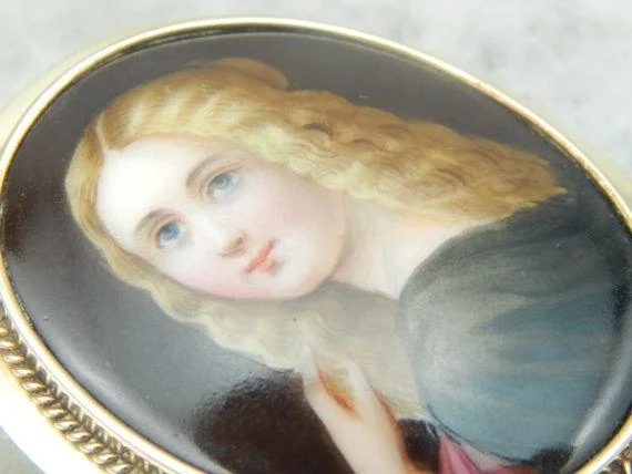 Ladies ornate floral brooches -Antique Painted Portrait Cameo Gold Brooch Pendant