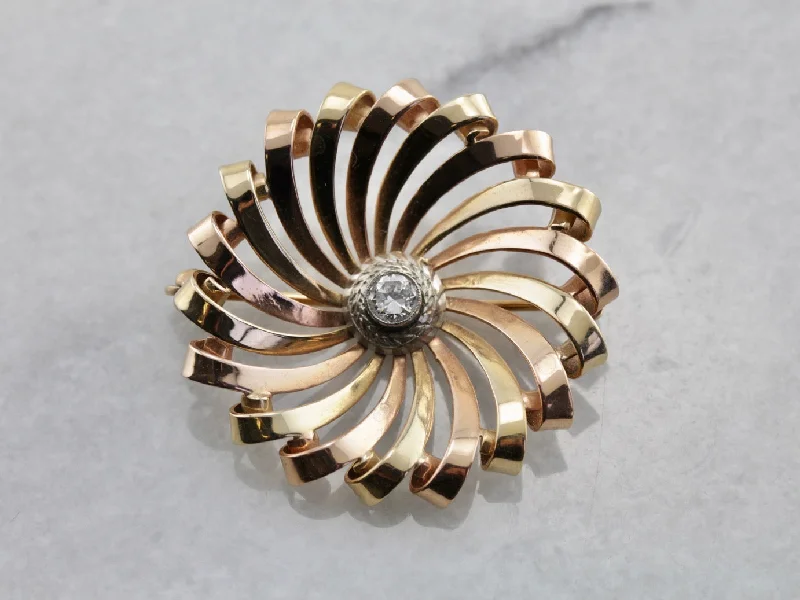 Ladies holy cross brooches -Mid Century Spiral Brooch with Diamond Center in Tri Color Gold