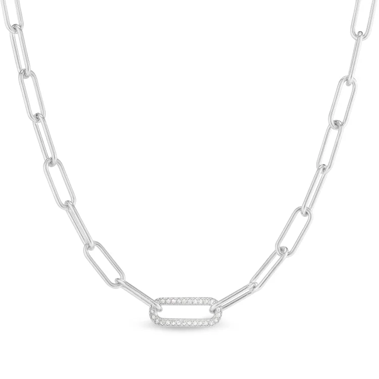 Ladies night shimmer necklaces -Platinum Finish Sterling Silver Micropave 18" Paper Clip Necklace with a Single Link with Simulated Diamonds