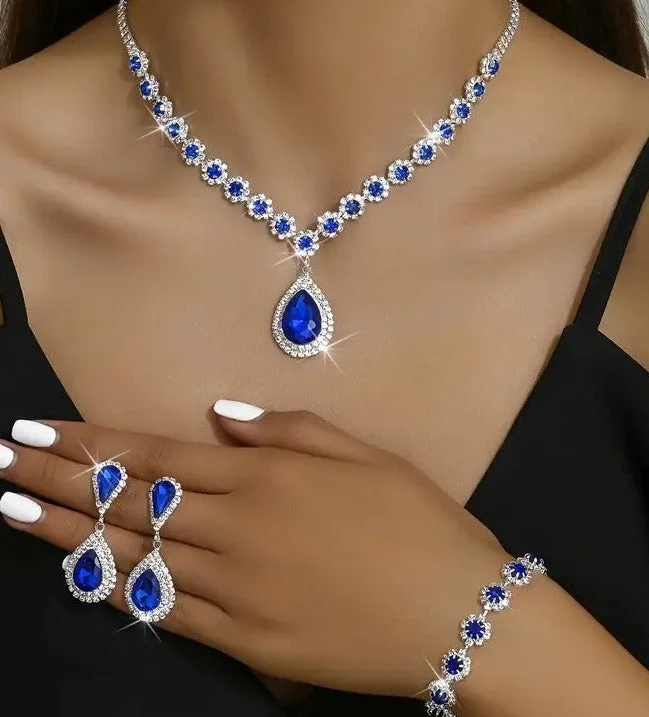 Ladies Earrings for Evening Glow-4pcs SILVER Blue Jewelry Set l Rhinestone Earrings l Necklace l Bracelet l Prom l Wedding  JS-935