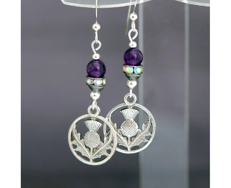 Ladies Earrings Matte Spark-Cruthú Scottish Thistle with Amethyst Earrings