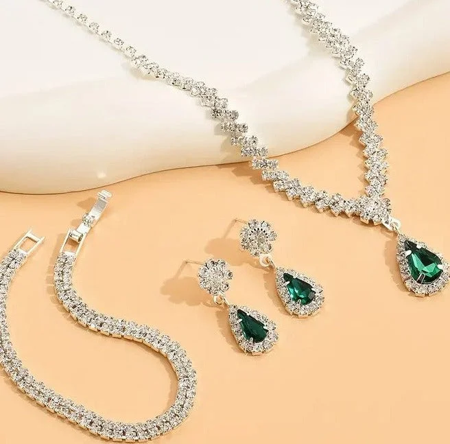 Ladies Earrings Light Shine-4pcs SILVER Emerald Green Jewelry Set l Rhinestone Earrings l Necklace l Bracelet l Prom l Wedding JS-927