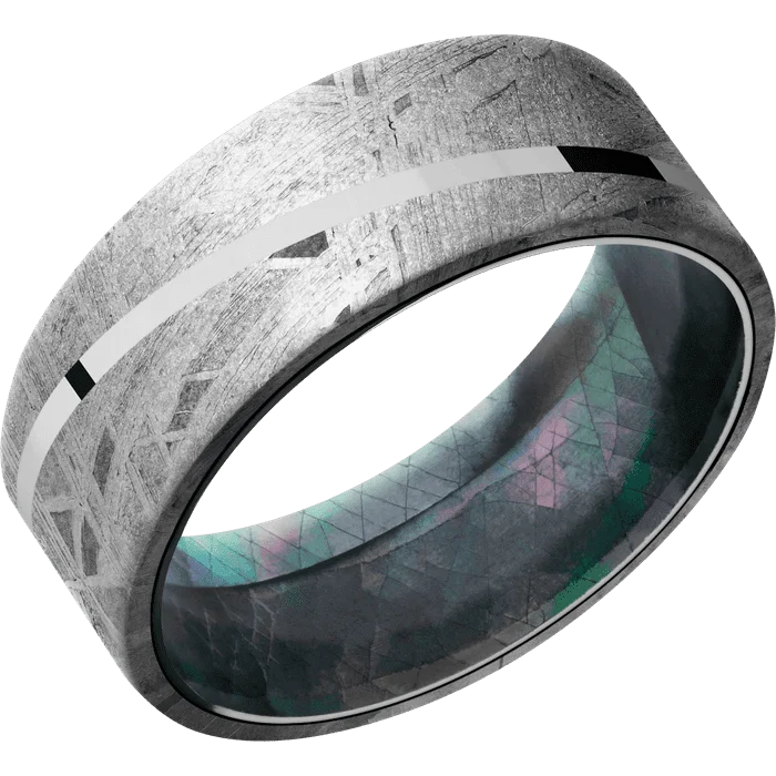 Ladies Rings Ethnic Spark-8mm wide Flat Meteorite Ring / One 1mm Angled 14k White Gold Inlay with Polish Finish / Black Mother of Pearl Sleeve