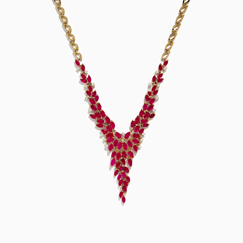 Ladies festive flair necklaces -Ruby Royale 14K Yellow Gold V Shape Ruby Statement Necklace, 9.87 TCW