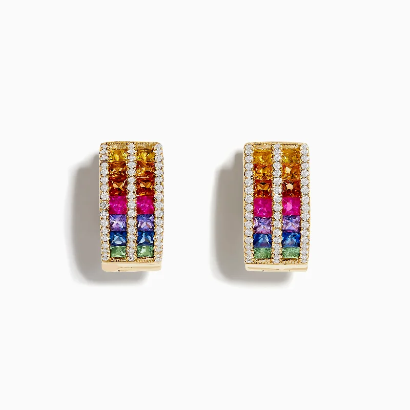 Ladies Earrings with Silver Cassiterite-14K Yellow Gold Multi Color Sapphire and Diamond Hoop Earrings