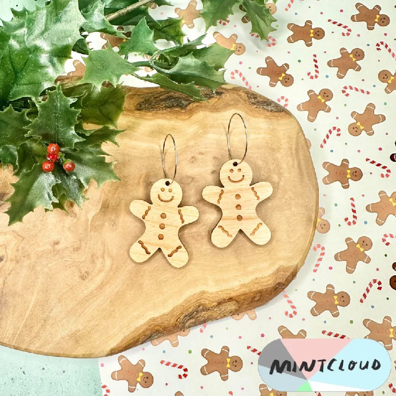 Ladies Earrings with Blue Sapphire-Mintcloud Christmas Earrings - Gingerbread Men Cherrywood Etched Detail