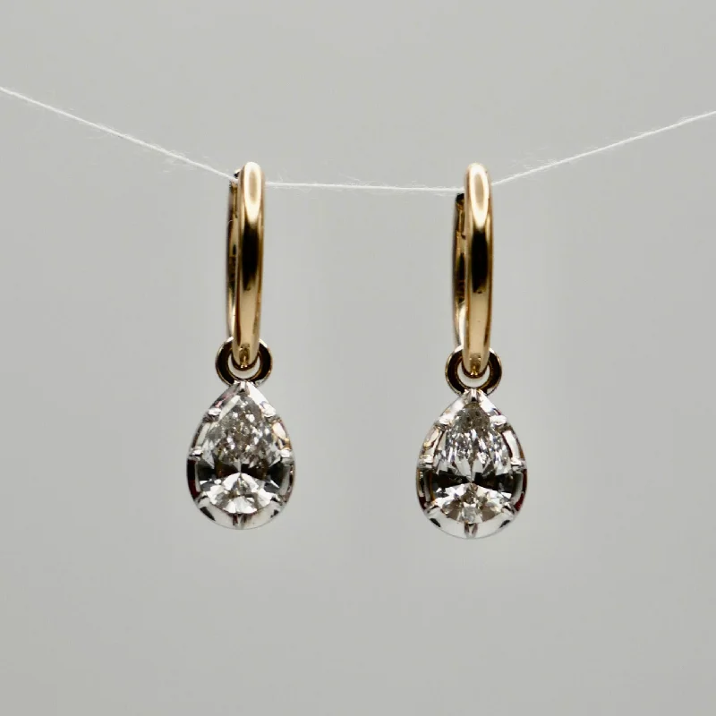 Ladies Earrings Luxe Spark-2 Ct Pear Cut Moissanite or Diamond Georgian Victorian 14K White and Yellow Gold Earrings