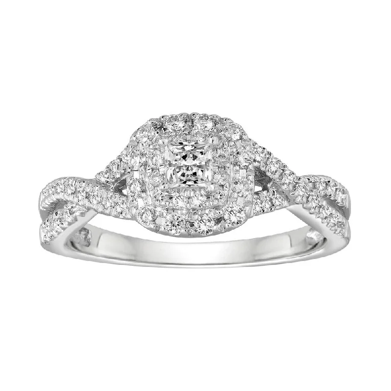 Ladies Rings with Crown Glow-14k White Gold Princess and Round Diamond Double Cushion Halo Ring BLISS4-E-Size 8