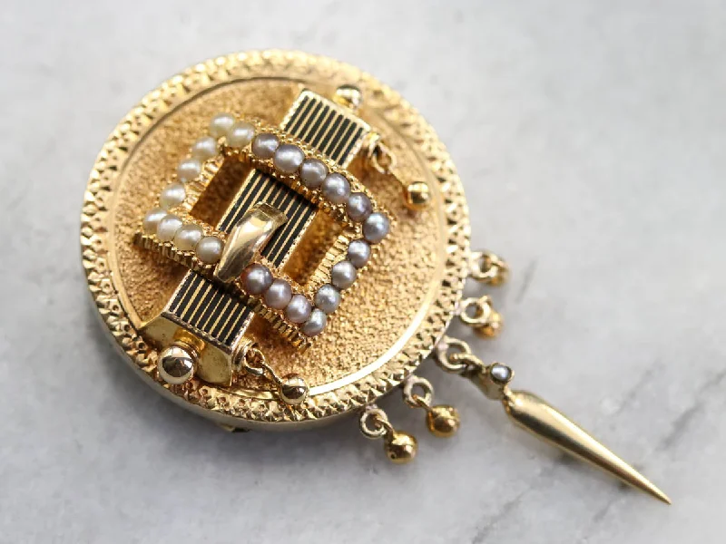 Ladies satin finish brooches -Seed Pearl Gold Medallion Brooch