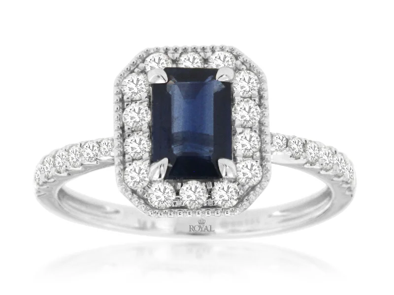 Ladies Rings for Photo Glow-14K White Gold Emerald Cut Sapphire with Round Diamonds Halo Ring