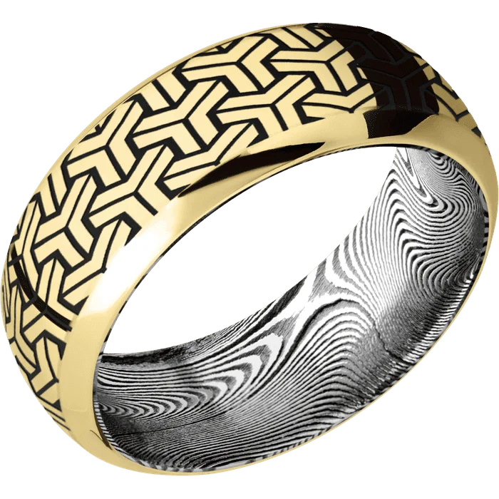 Ladies Rings with Navy Sodalite-8mm wide Domed Bevel 14k Yellow Gold Ring with Polish Finish / Geoweave Design and Black Cerakote Accents / Tightweave Damascus Steel Sleeve