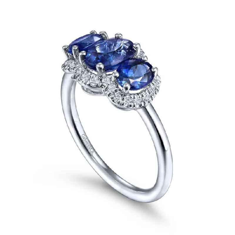 Ladies Rings Sterling Shine-Gabriel & Co. - LR52023W45SA - 14K White Gold Diamond and Sapphire Oval Halo Three Stone Ring