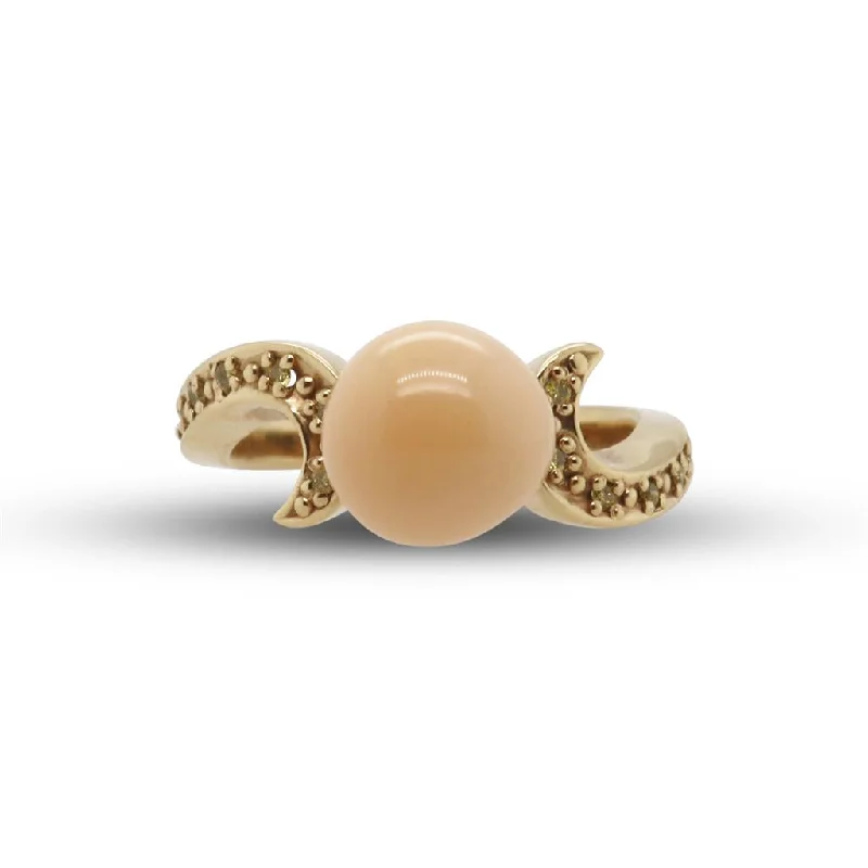 Ladies Rings with Green Clinozoisite-14k Yellow Gold Diamond Ring w/5.59ct Peach Conch Pearl